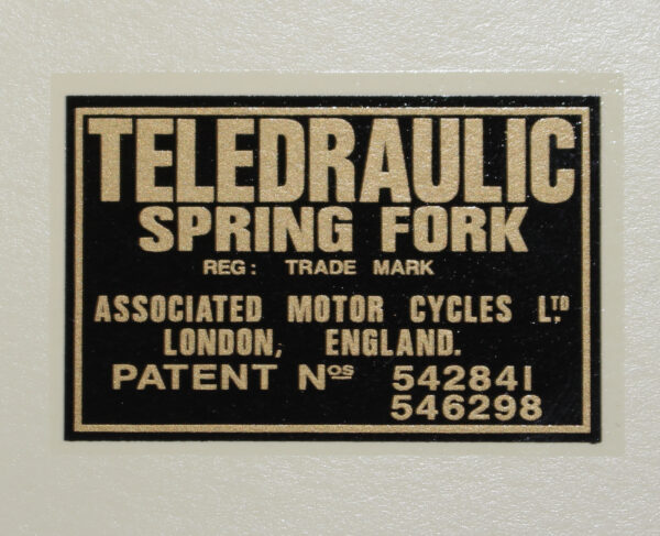 DECAL "TELEDRAULIC SPRING FORK...ASSOCIATED MOTOR CYCLES LTD." - FORKS PATENT* W