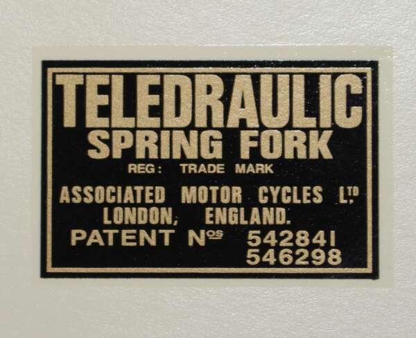 DECAL "TELEDRAULIC SPRING FORK...ASSOCIATED MOTOR CYCLES LTD." - FORKS PATENT* W