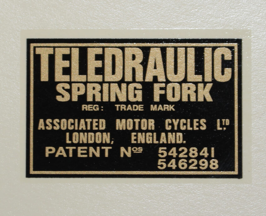 DECAL "TELEDRAULIC SPRING FORK...ASSOCIATED MOTOR CYCLES LTD." - FORKS PATENT* W