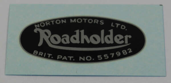 DECAL "ROADHOLDER NORTON MOTORS LTD. BRIT. PAT. NO.557982" - WATERSLIDE (SILVER)